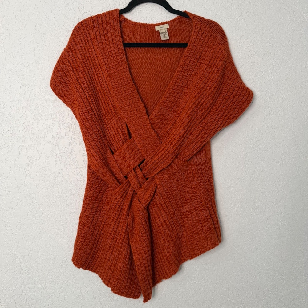 Escio Rust Orange Basketweave Crossover Knit V-Neck Sleeveless‎ Sweater Top L